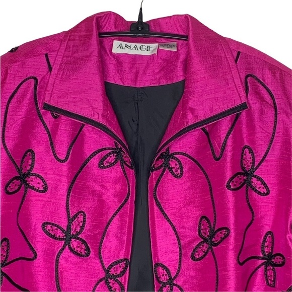 Anage Women’s Silk Fuchsia Pink Black Embroidered Full Zip Blazer Jacket Size 2X - Picture 13 of 15